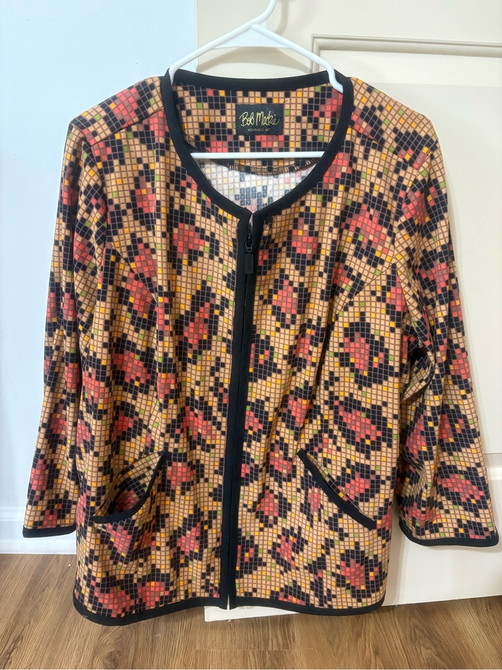 Bob Mackie Multicolor Mosaic Zip Jacket in Black, Orange & Coral